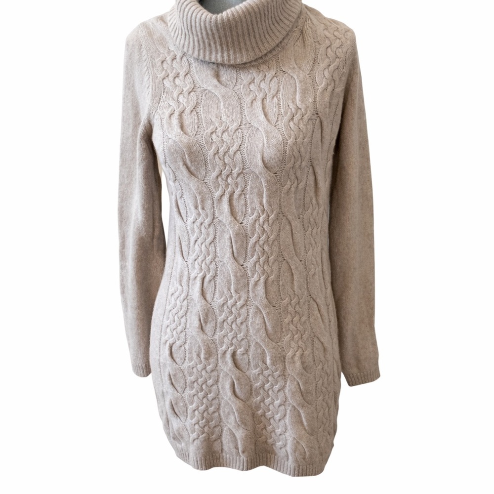 Massimo Dutti Beige Cable-Knit Cashmere Blend Turtleneck Sweater Dress